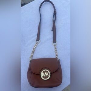 Michael Kors Brown Leather Crossbody Bag with Gold Chain Detail